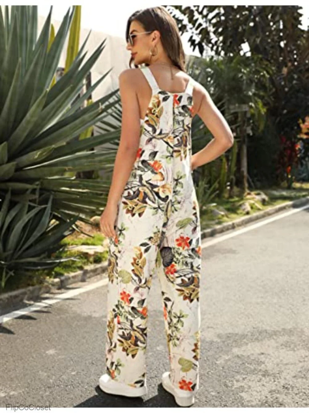 Women's Loose Fit Wide Leg Floral Printed Overall Jumpsuit with Pockets